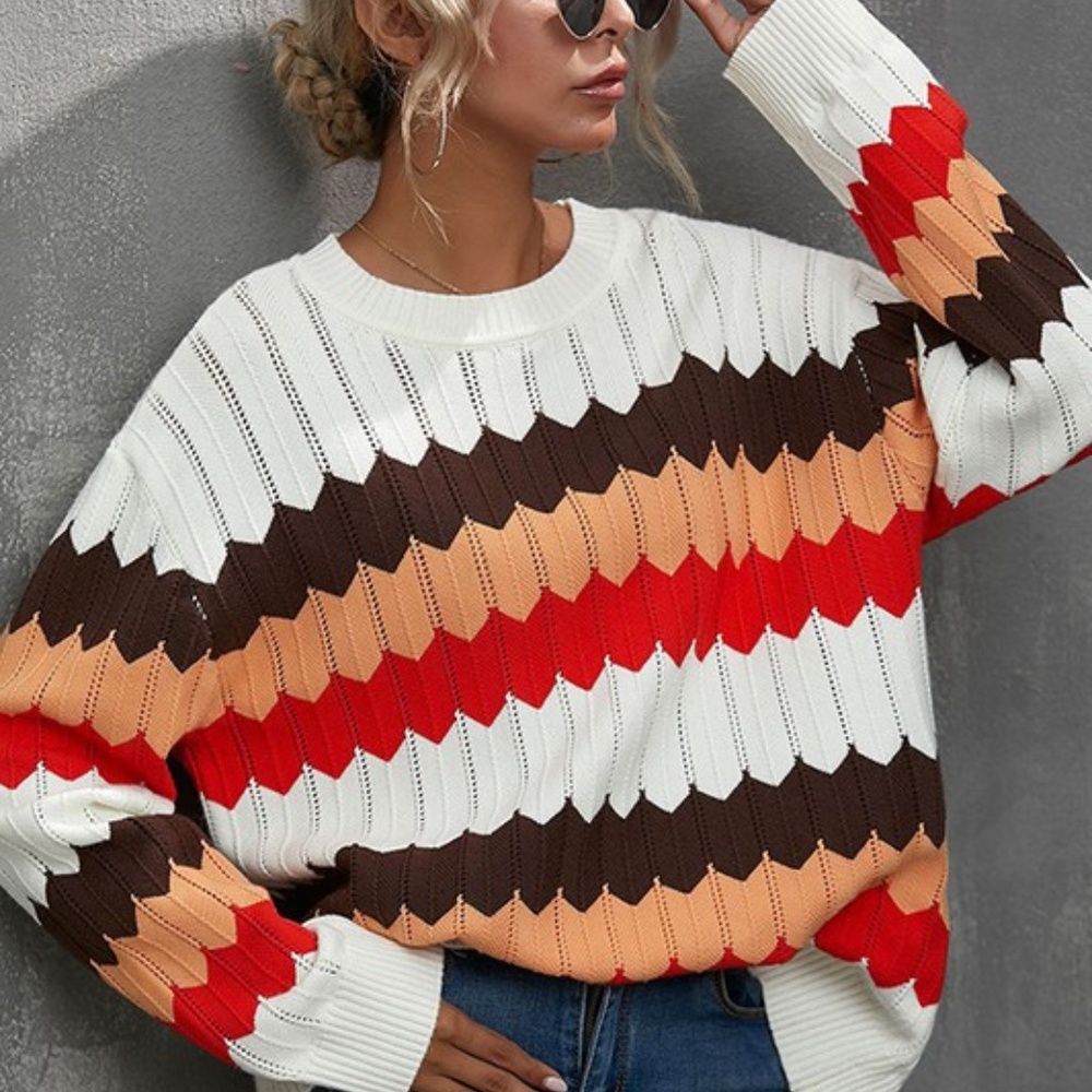 #51 Cream Color block oversized striped knit sweater - Picture 2 of 5